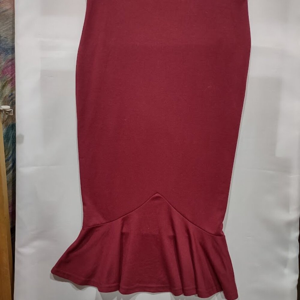 VIWENNI VINTAGE MERMAID HEM HIGH WAISTED MAROON SPANDEX SKIRT CONTOUR PENCIL XL